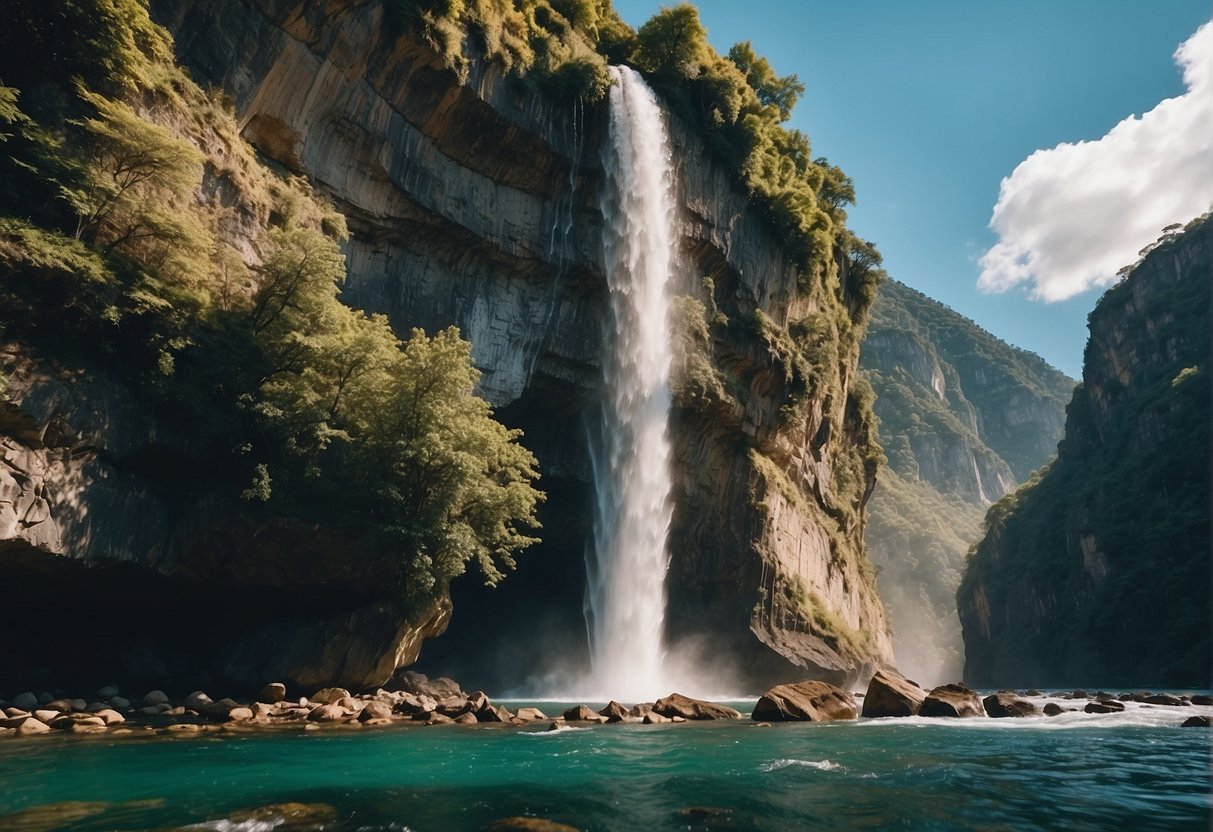 Clear blue skies over a towering waterfall, surrounded by lush greenery and rocky cliffs, with a serene river flowing below