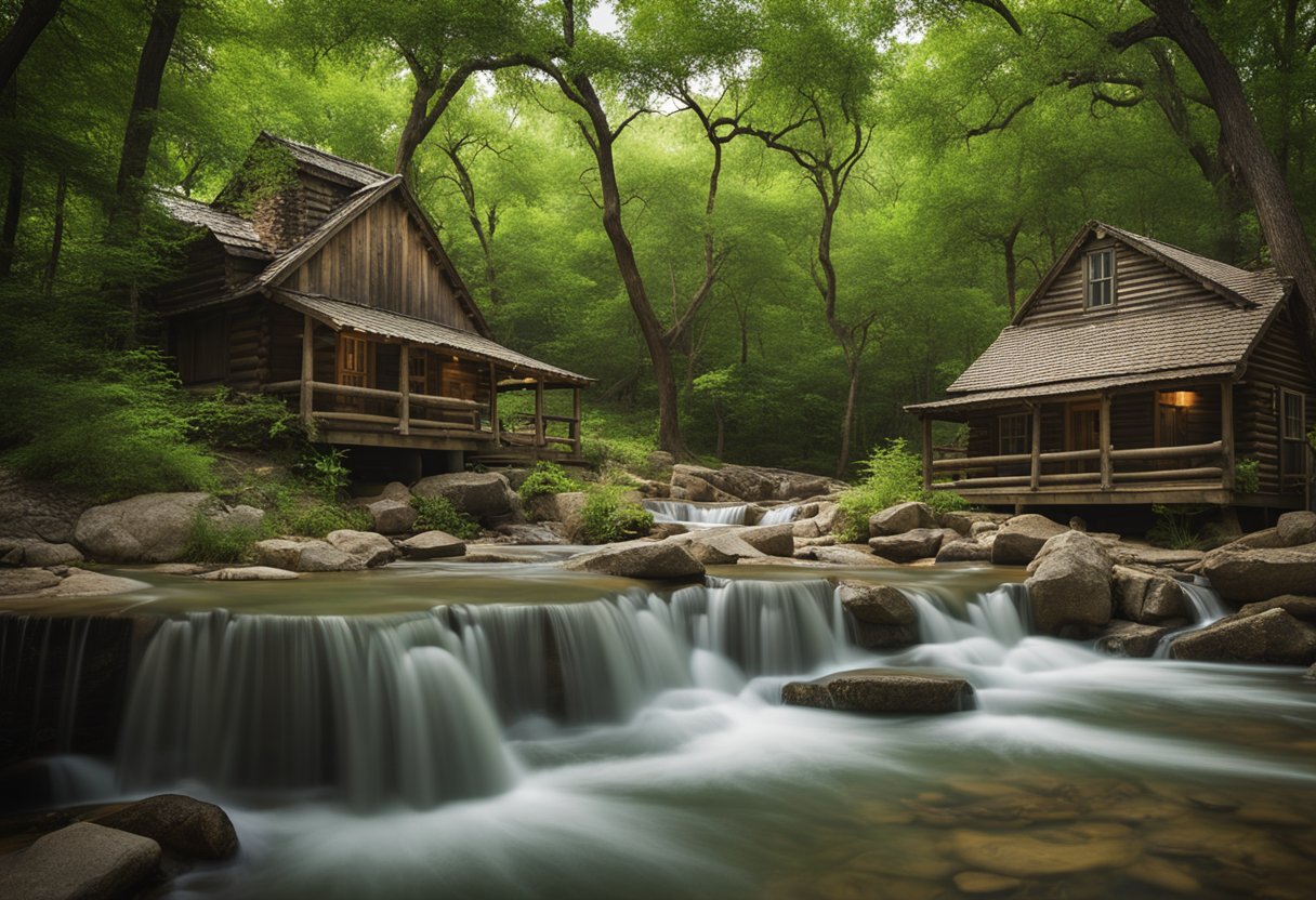 Lush green forest surrounds rustic cabins near Turner Falls, Oklahoma. Waterfall cascades in the background