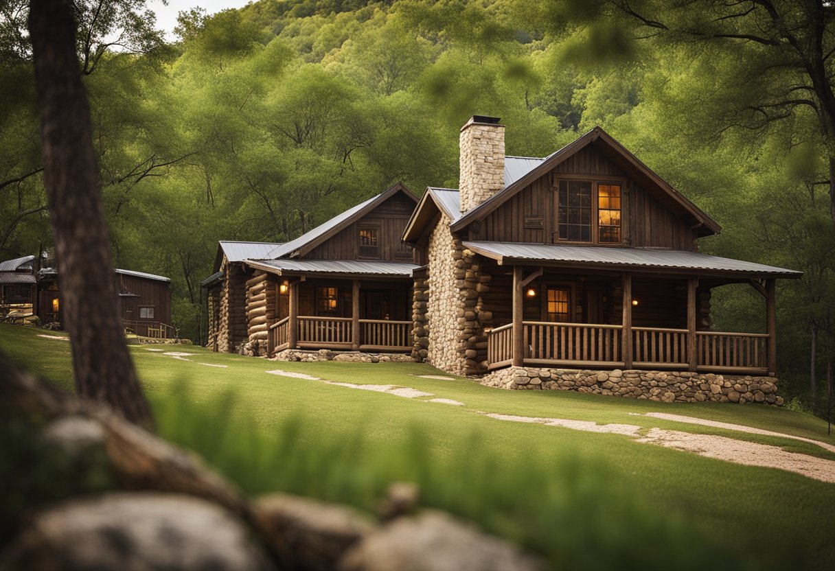 Rustic log cabins nestled in the wooded hills of Turner Falls, Oklahoma. Each cabin features a cozy porch and a stone fireplace