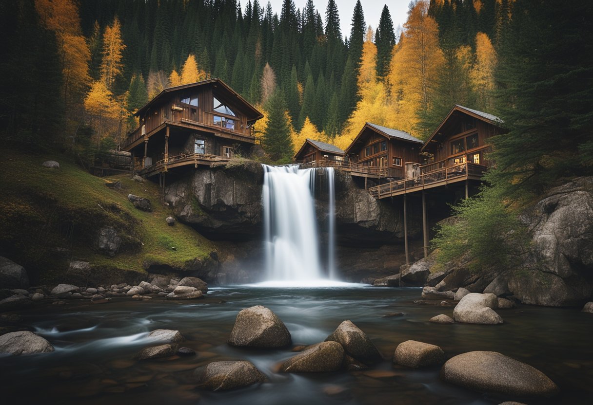 Several rustic cabins nestled among tall trees near a rushing waterfall