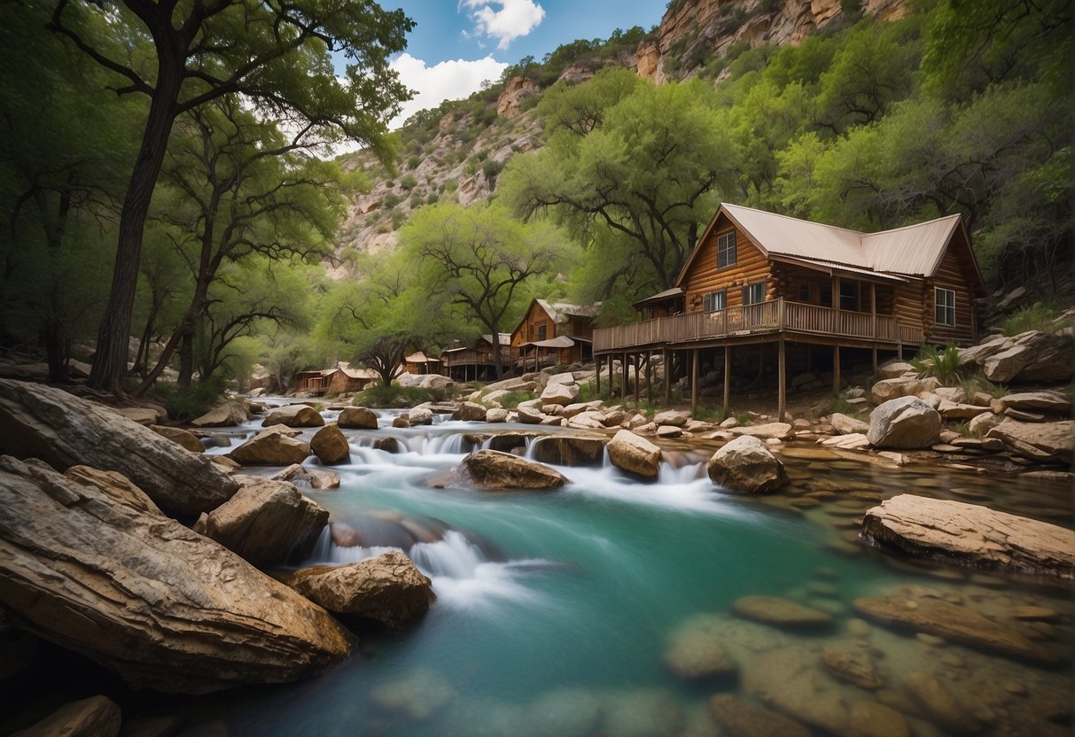 A cluster of rustic cabins nestled in a lush, wooded area near Turner Falls, with a tranquil stream flowing nearby