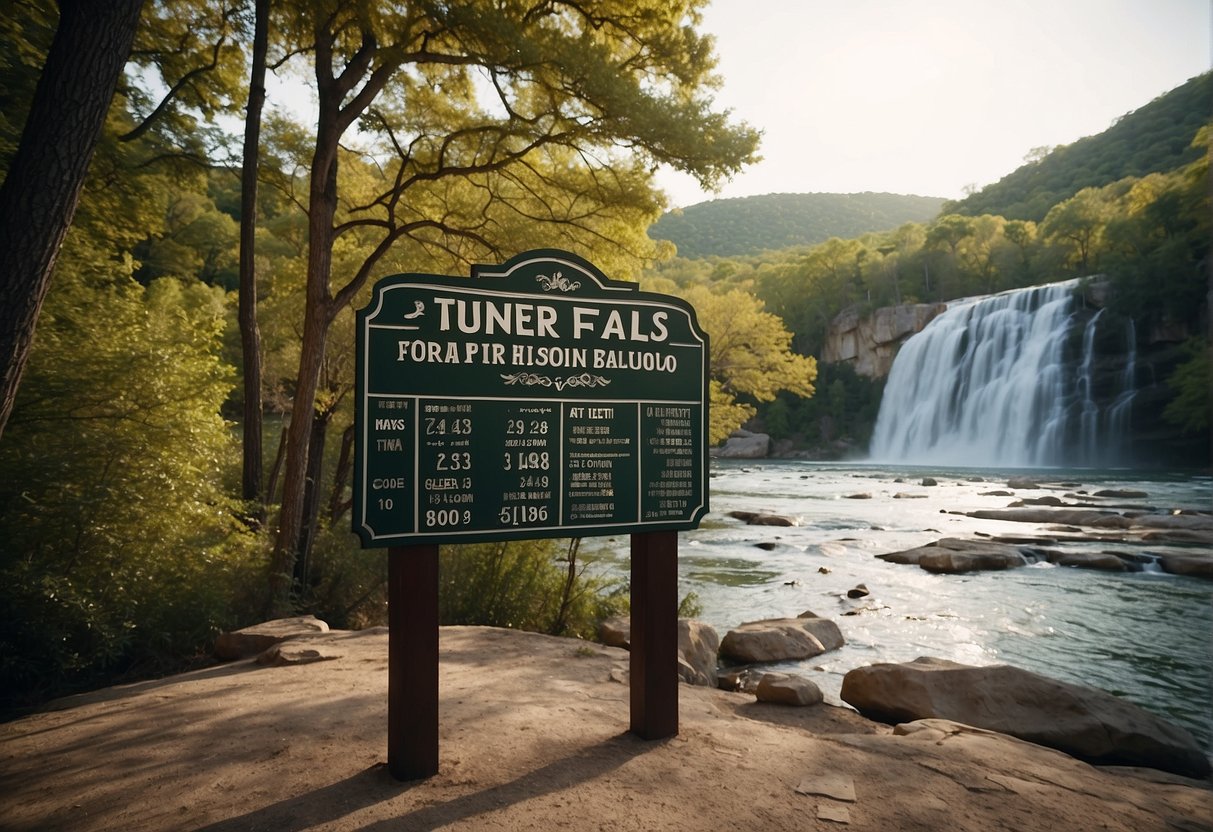 The ticket pricing sign for Turner Falls, Oklahoma is displayed prominently, with clear and bold lettering, against a natural backdrop of trees and a waterfall